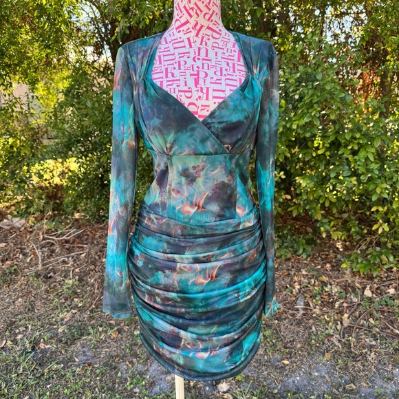 PrettyLittleThing Abstract Flame‎ Print Mesh Corset Ruched Bodycon Dress Size 6 - Picture 1 of 10